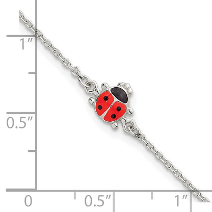 Sterling Silver Polished Red and Black Enameled Ladybug Childrens 5.5 inch with 1 inch Extension Bracelet