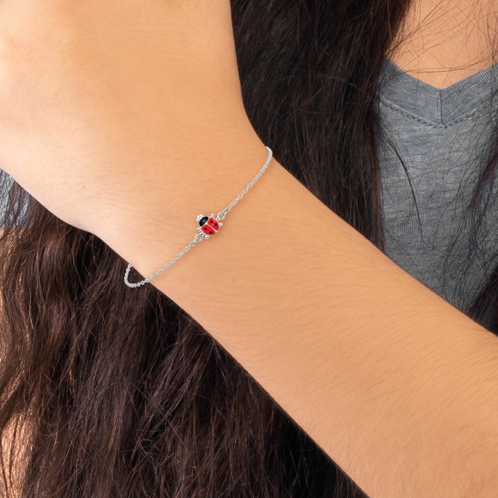 Sterling Silver Polished Red and Black Enameled Ladybug Childrens 5.5 inch with 1 inch Extension Bracelet
