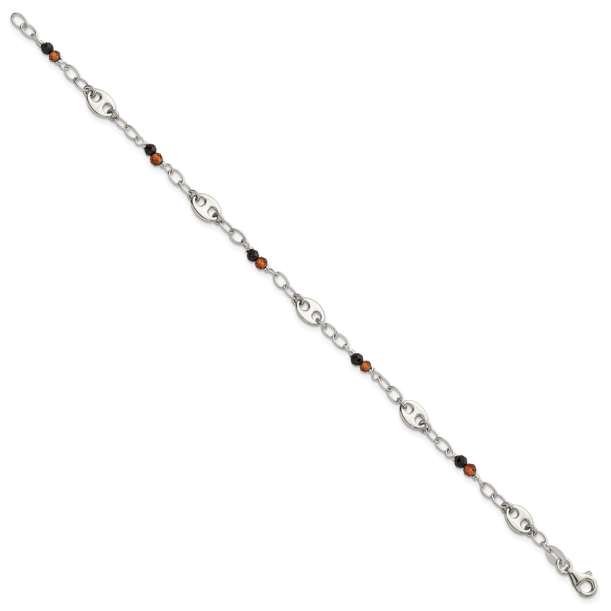 Sterling Silver Polished and Beaded Garnet and Spinel Fancy Link 7.5 inch Bracelet