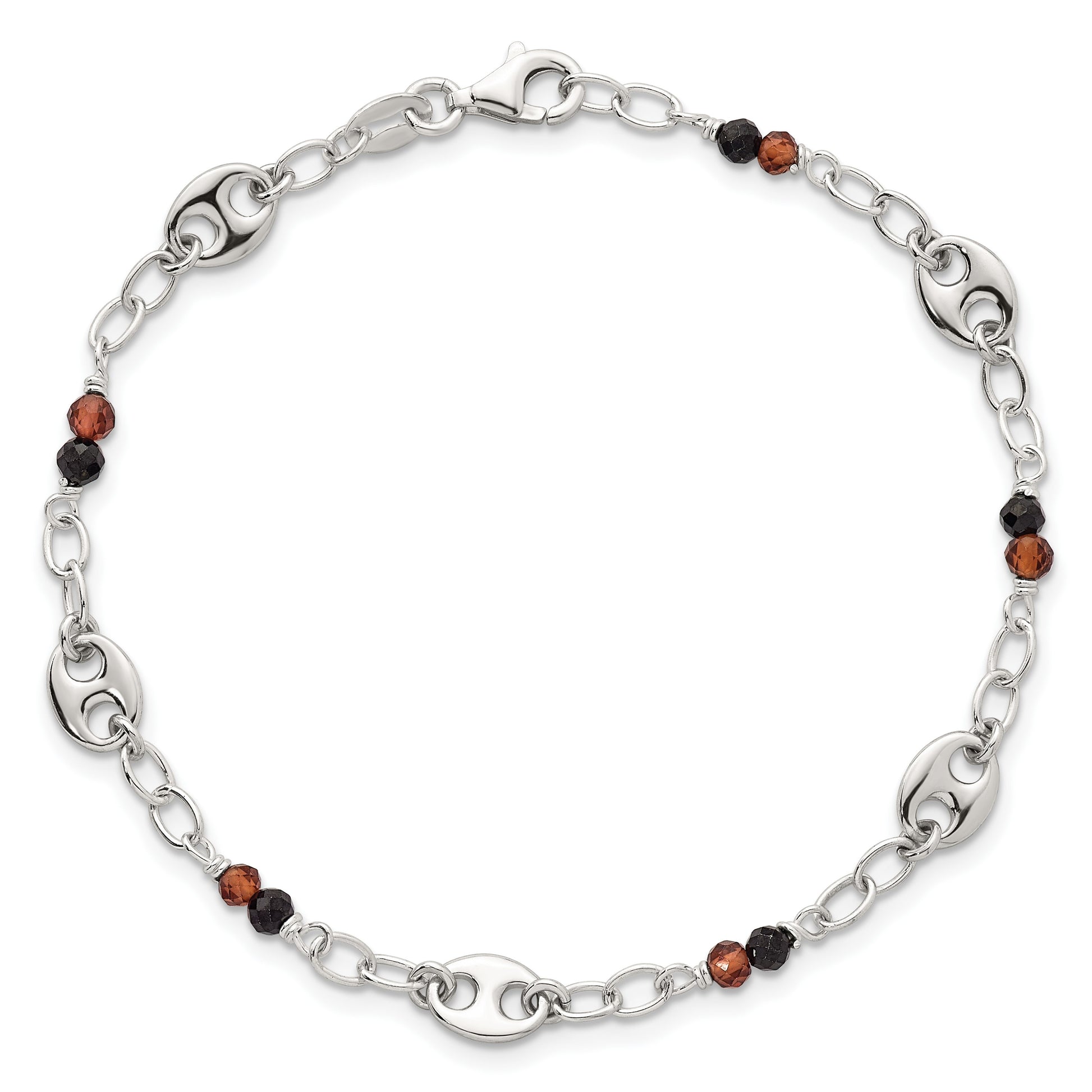 Sterling Silver Polished and Beaded Garnet and Spinel Fancy Link 7.5 inch Bracelet