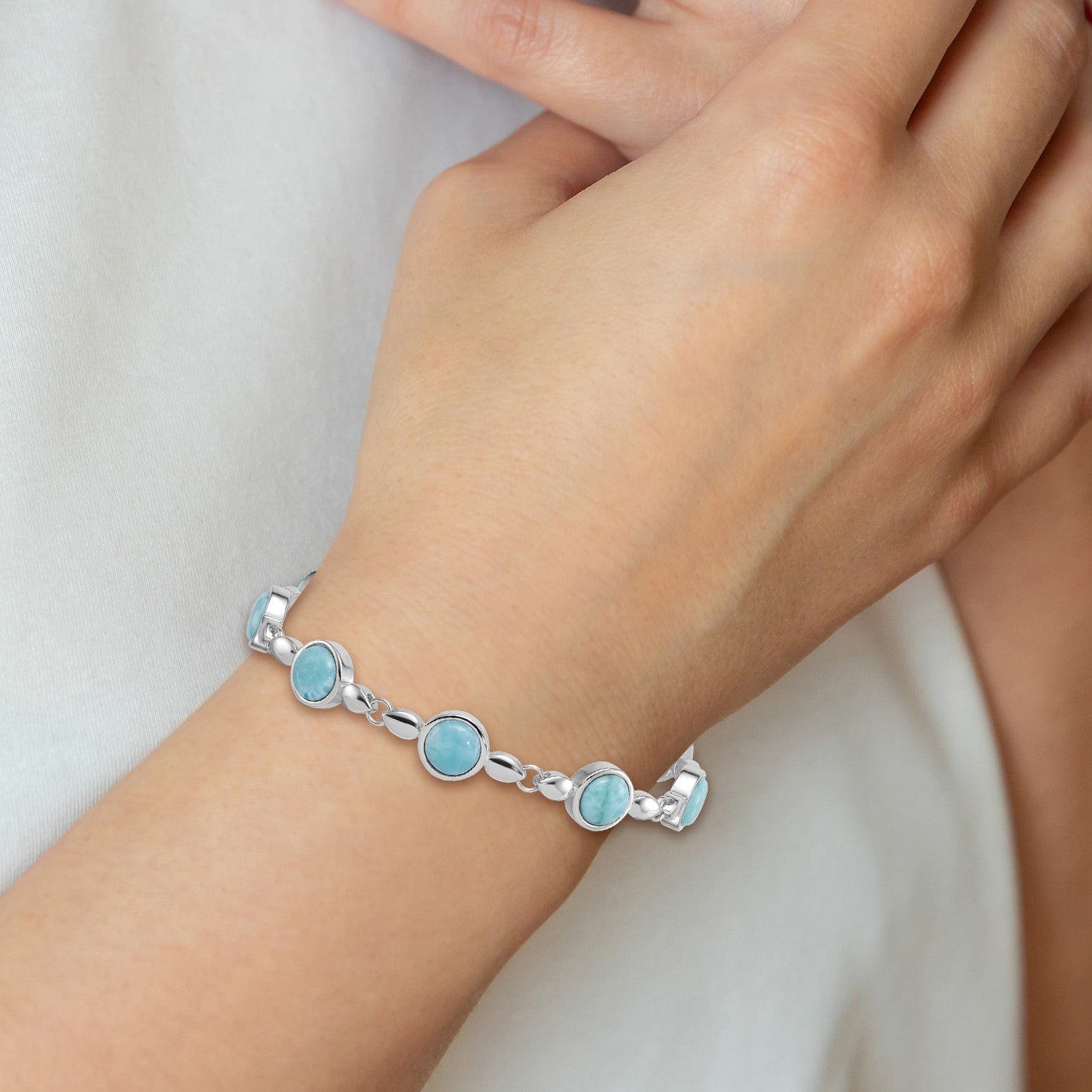 Sterling Silver Rhodium-plated Polished Fancy Round Larimar Cabochon 8 Inch Toggle Bracelet