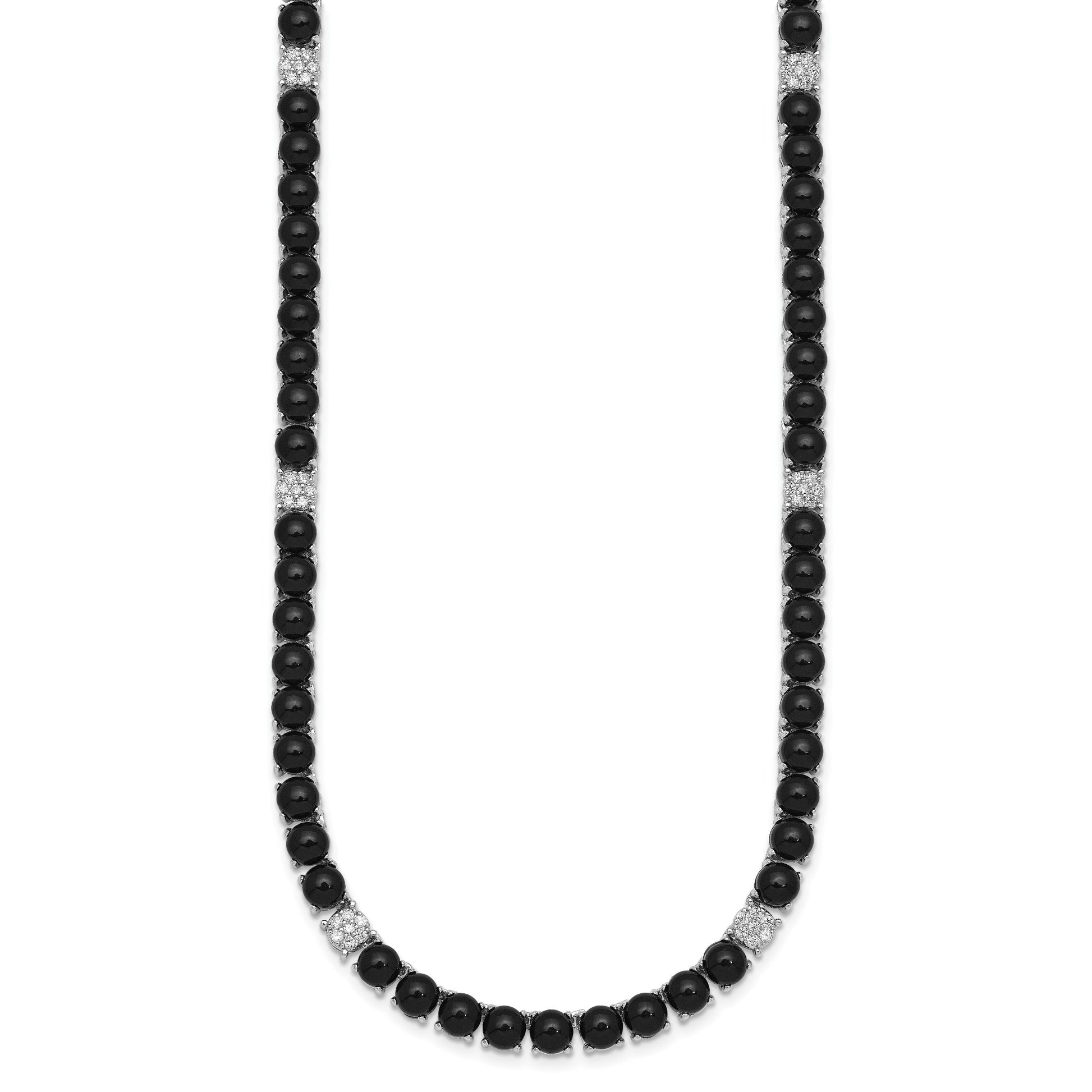 Sterling Silver Rhodium-plated Polished Pave CZ and Onyx 17 Inch with 3 Inch Extension Necklace