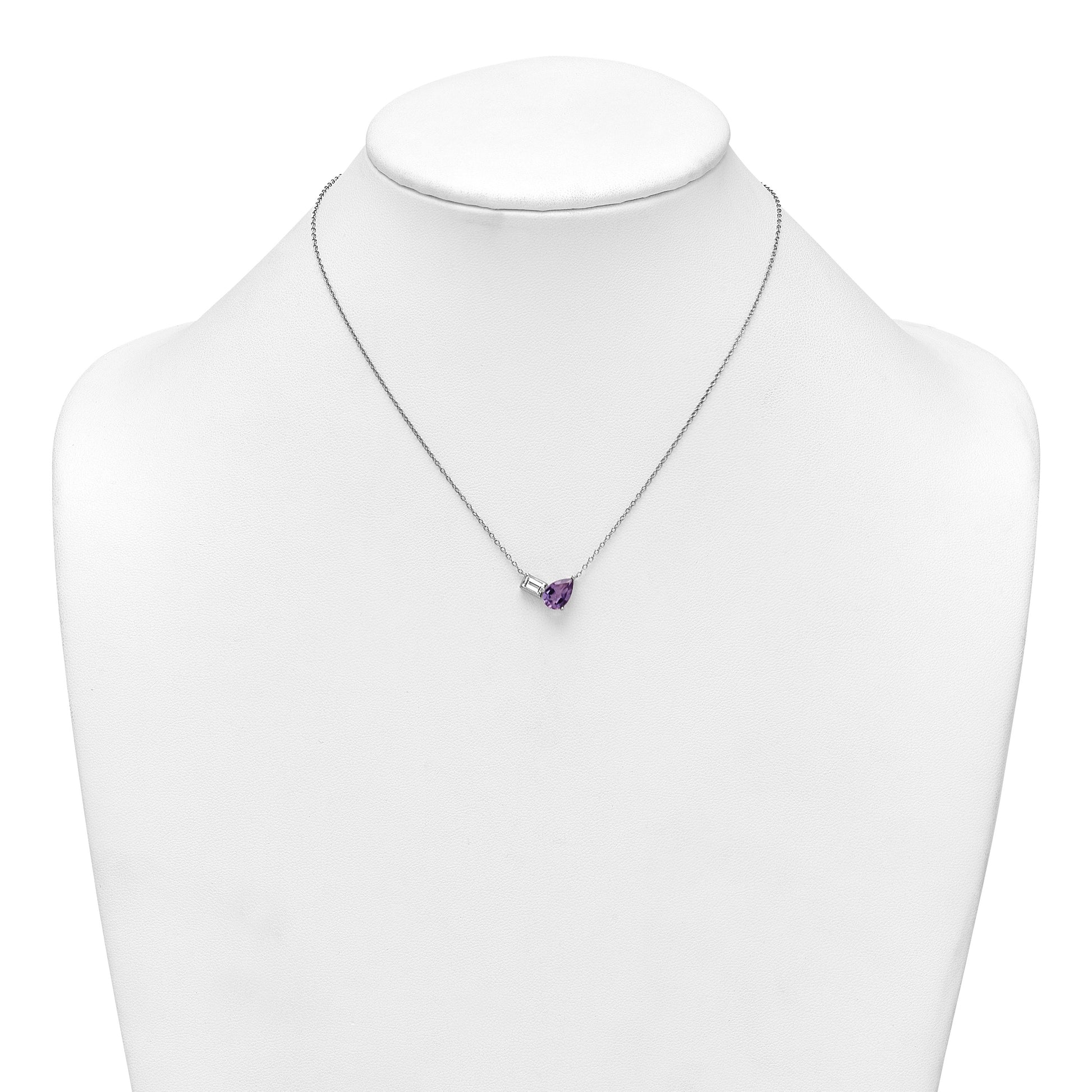 Sterling Silver Rhodium-plated Polished Pear Amethyst and Emerald-cut White Topaz 16 Inch with 2 Inch Extension Necklace
