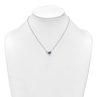 Sterling Silver Rhodium-plated Polished Pear Amethyst and Emerald-cut White Topaz 16 Inch with 2 Inch Extension Necklace