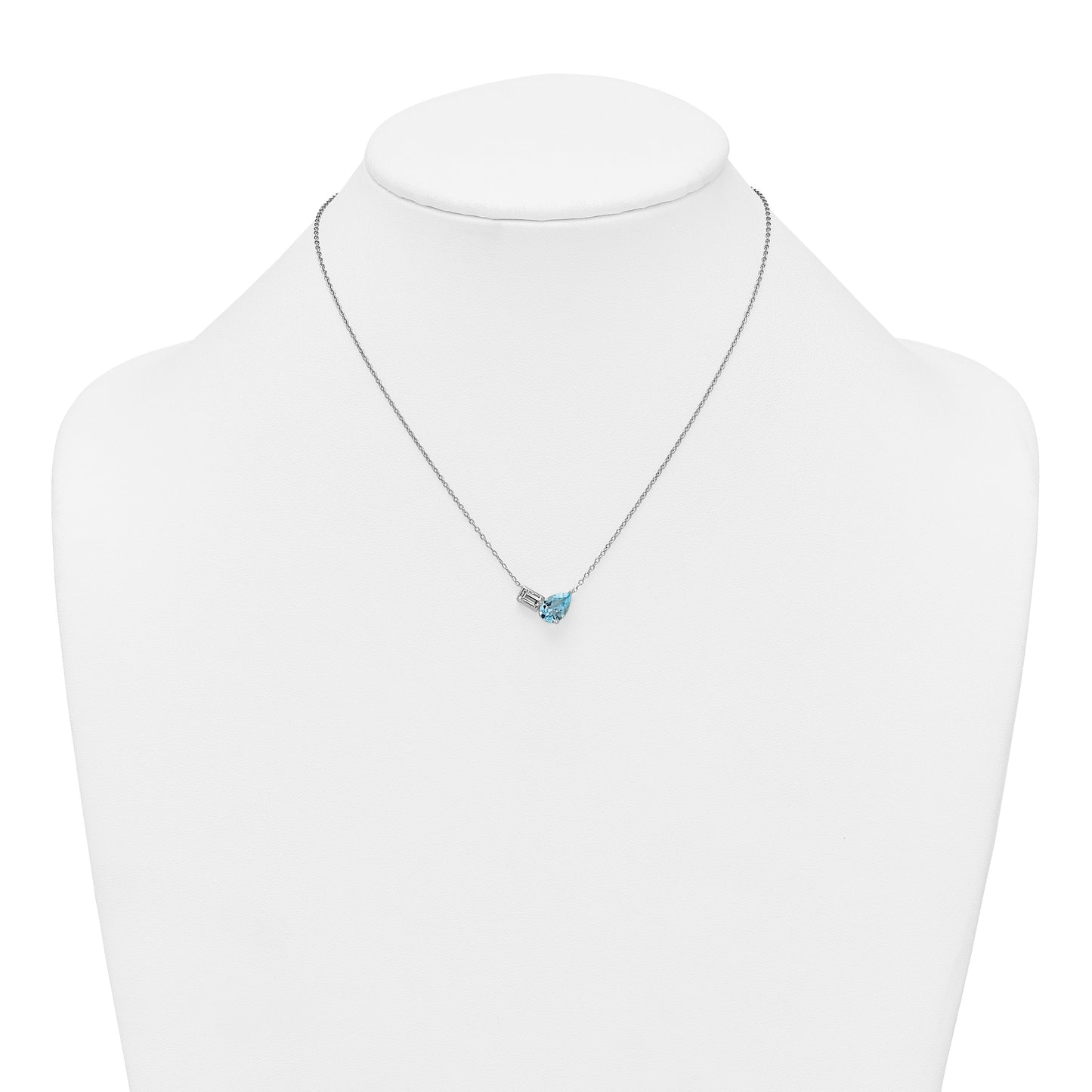 Sterling Silver Rhodium-plated Polished Pear Sky Blue and Emerald-cut White Topaz 16 Inch with 2 Inch Extension Necklace