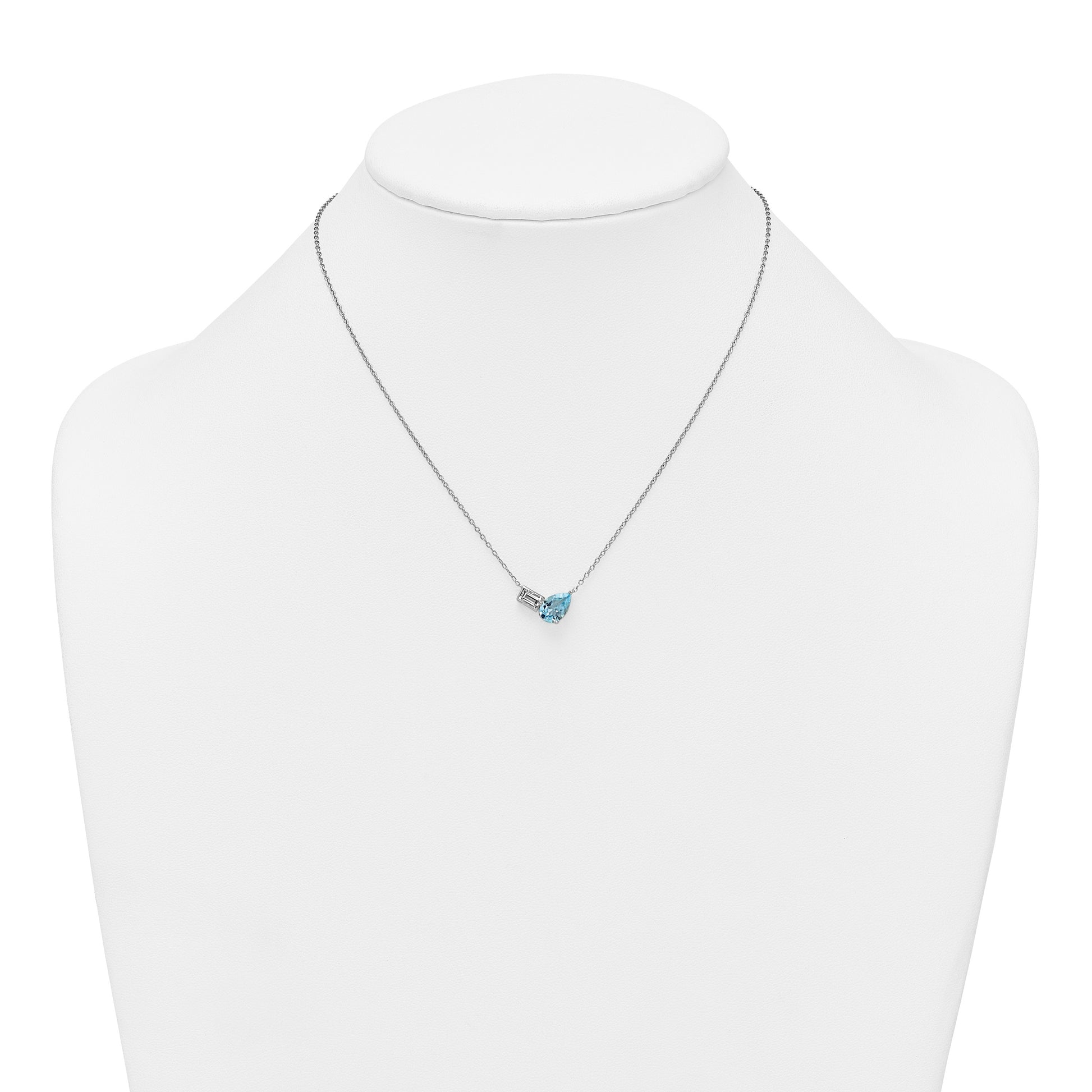 Sterling Silver Rhodium-plated Polished Pear Sky Blue and Emerald-cut White Topaz 16 Inch with 2 Inch Extension Necklace