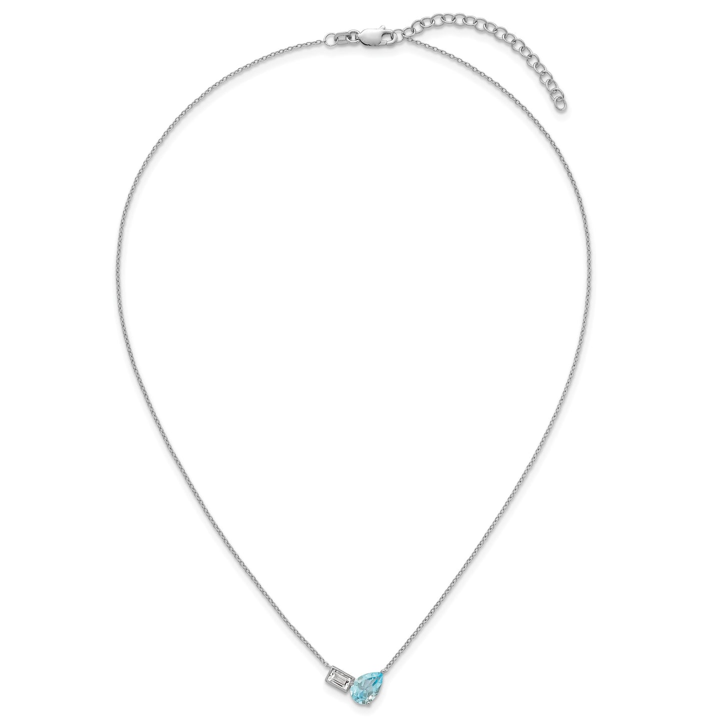 Sterling Silver Rhodium-plated Polished Pear Sky Blue and Emerald-cut White Topaz 16 Inch with 2 Inch Extension Necklace