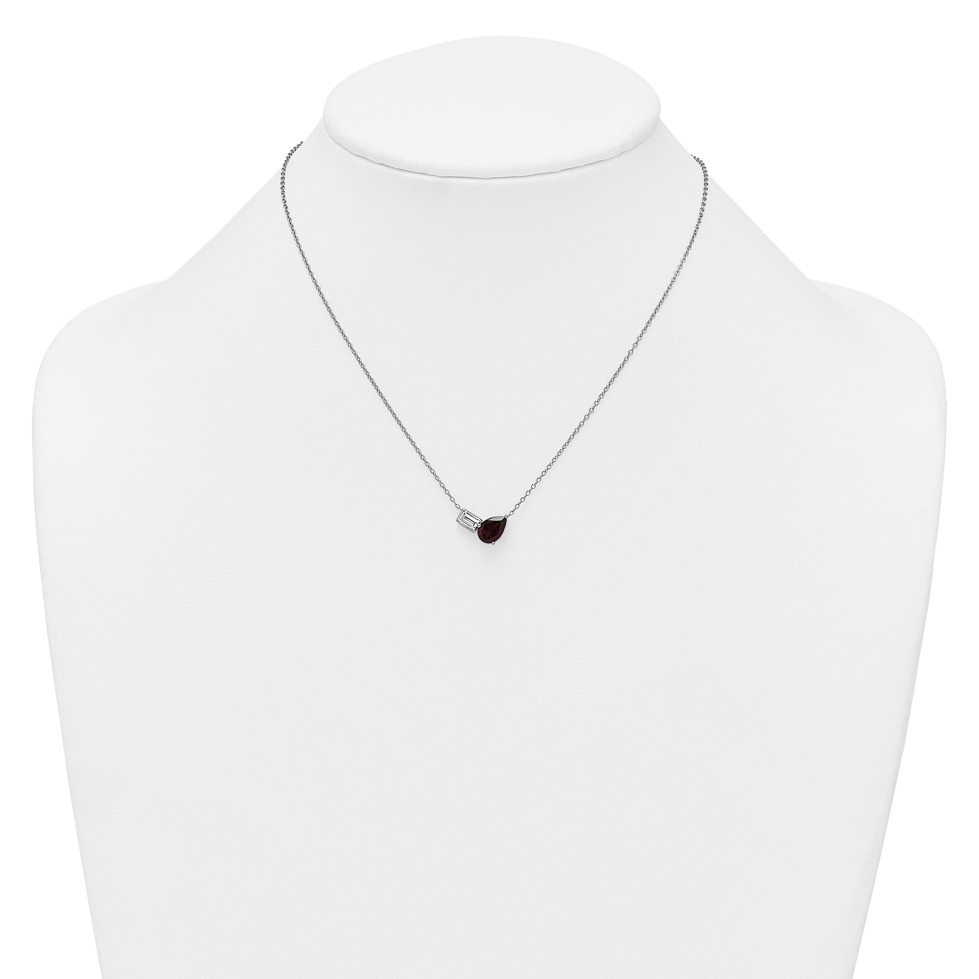 Sterling Silver Rhodium-plated Polished Pear Garnet and Emerald-cut White Topaz 16 Inch with 2 Inch Extension Necklace