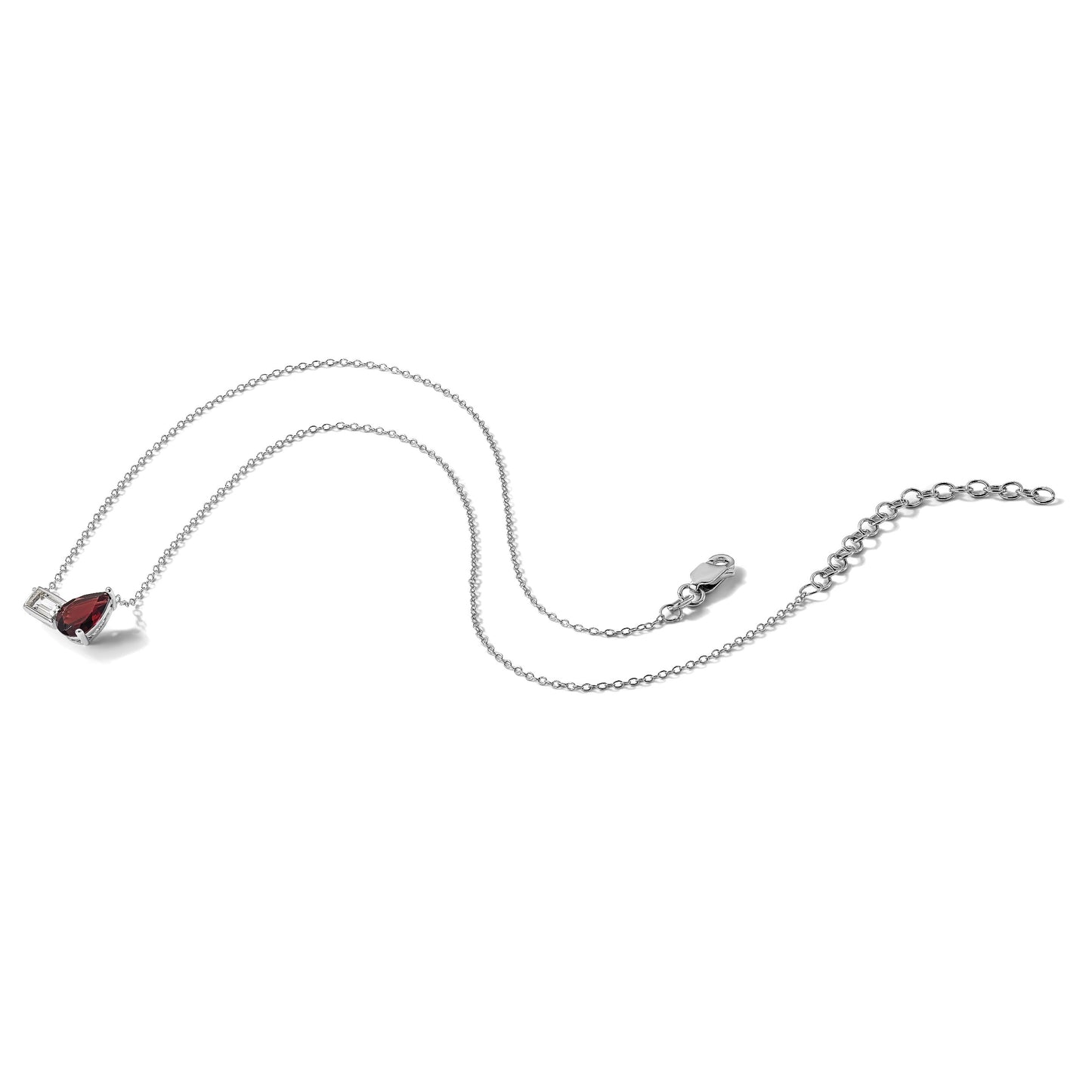 Sterling Silver Rhodium-plated Polished Pear Garnet and Emerald-cut White Topaz 16 Inch with 2 Inch Extension Necklace