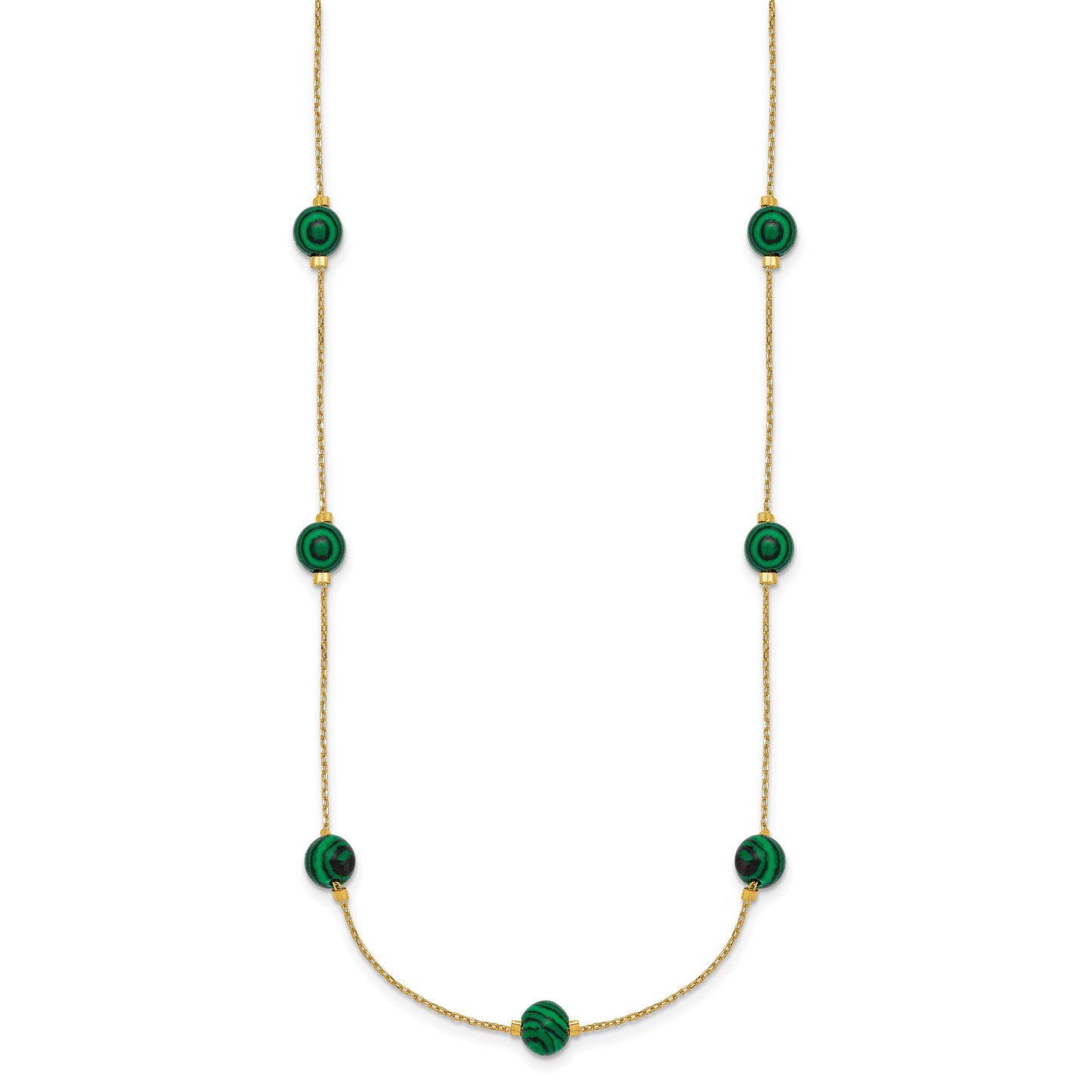 Sterling Silver Gold-Tone Polished Lab Created Malachite 16 Inch with 2 Inch Extension Necklace