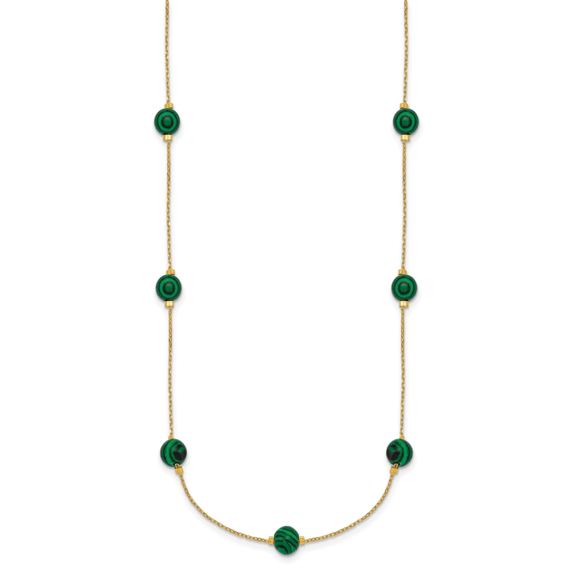 Sterling Silver Gold-Tone Polished Lab Created Malachite 16 Inch with 2 Inch Extension Necklace