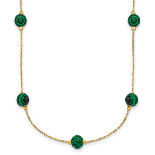 Sterling Silver Gold-Tone Polished Lab Created Malachite 16 Inch with 2 Inch Extension Necklace