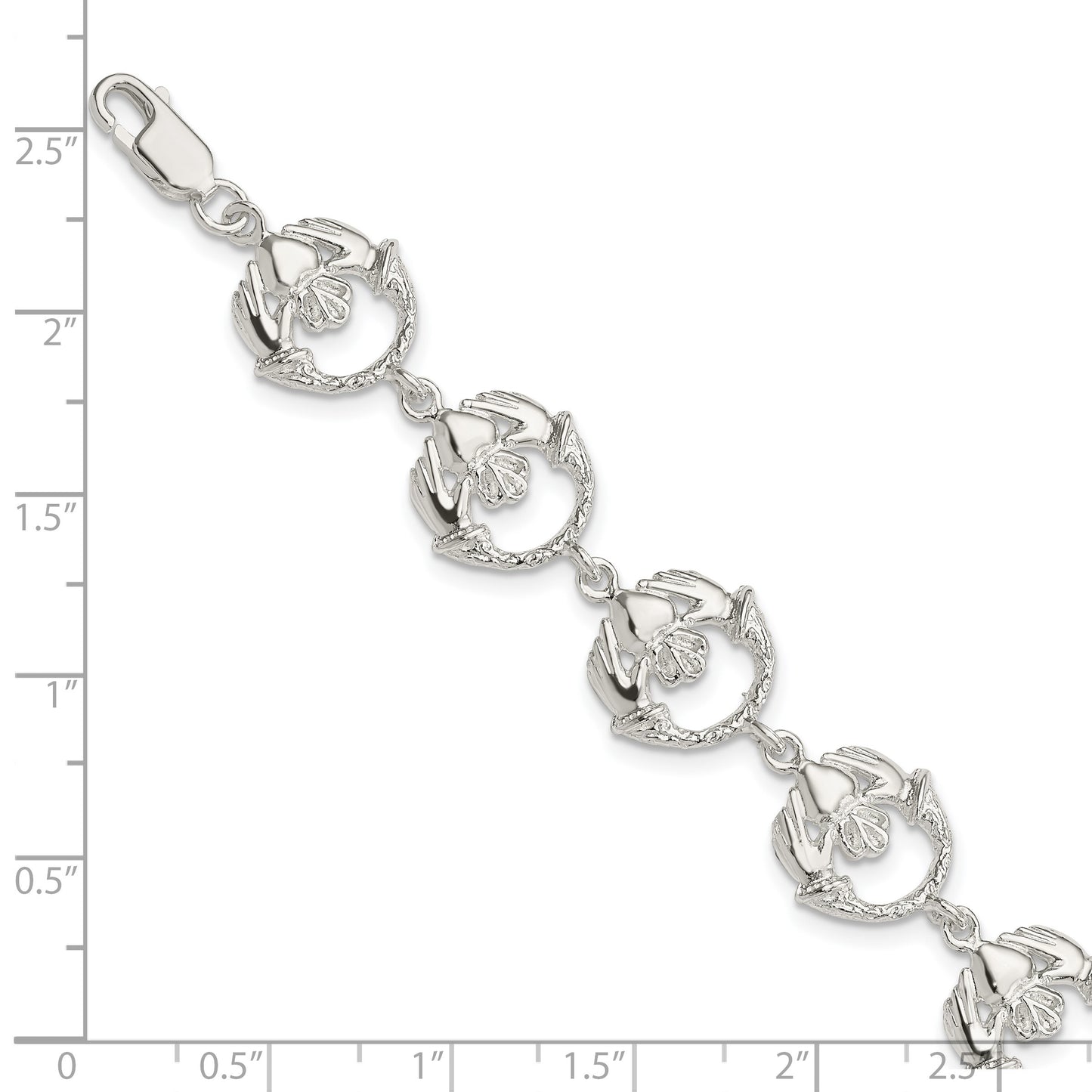 Sterling Silver Polished and Textured Claddagh Link 7 inch Bracelet