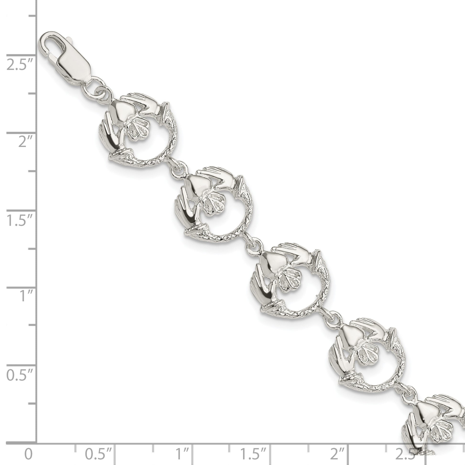 Sterling Silver Polished and Textured Claddagh Link 7 inch Bracelet