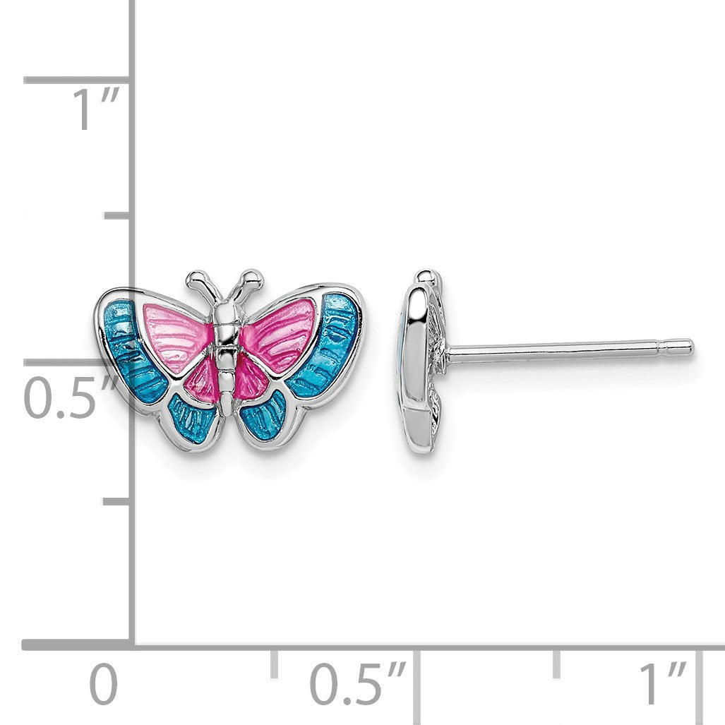 Sterling Silver Rhodium-plated Madi K Polished Pink & Blue Enameled Butterfly Children's Post Earrings