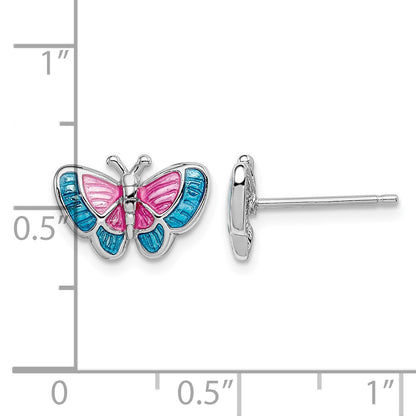 Sterling Silver Rhodium-plated Madi K Polished Pink & Blue Enameled Butterfly Children's Post Earrings