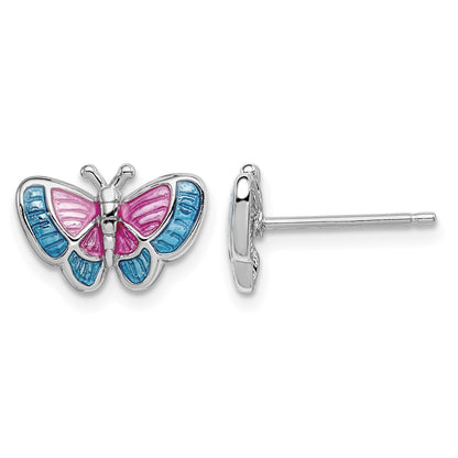 Sterling Silver Rhodium-plated Madi K Polished Pink & Blue Enameled Butterfly Children's Post Earrings