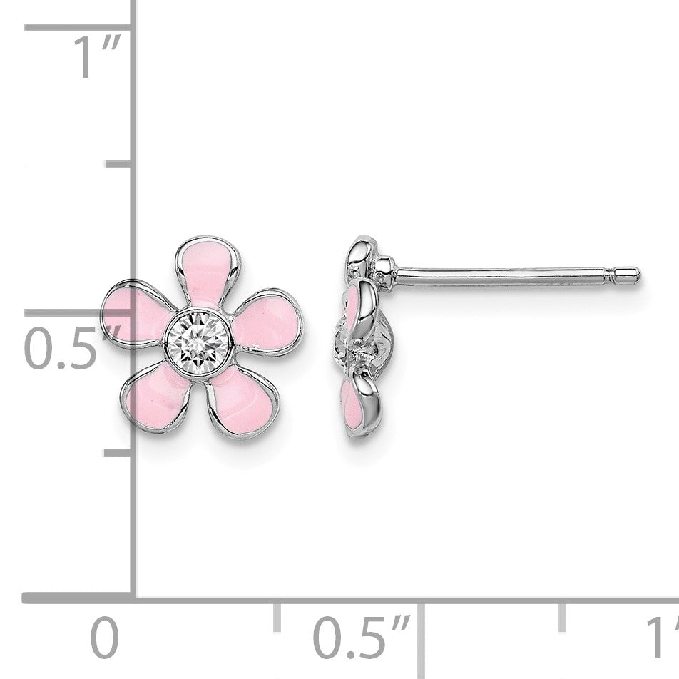 Sterling Silver Madi K Rhodium-plated Polished Pink Enamel & Crystal Flower Children's Post Earrings