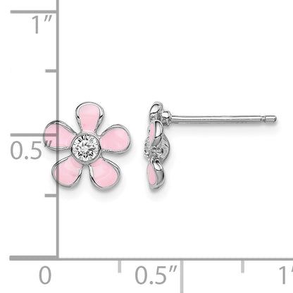 Sterling Silver Madi K Rhodium-plated Polished Pink Enamel & Crystal Flower Children's Post Earrings