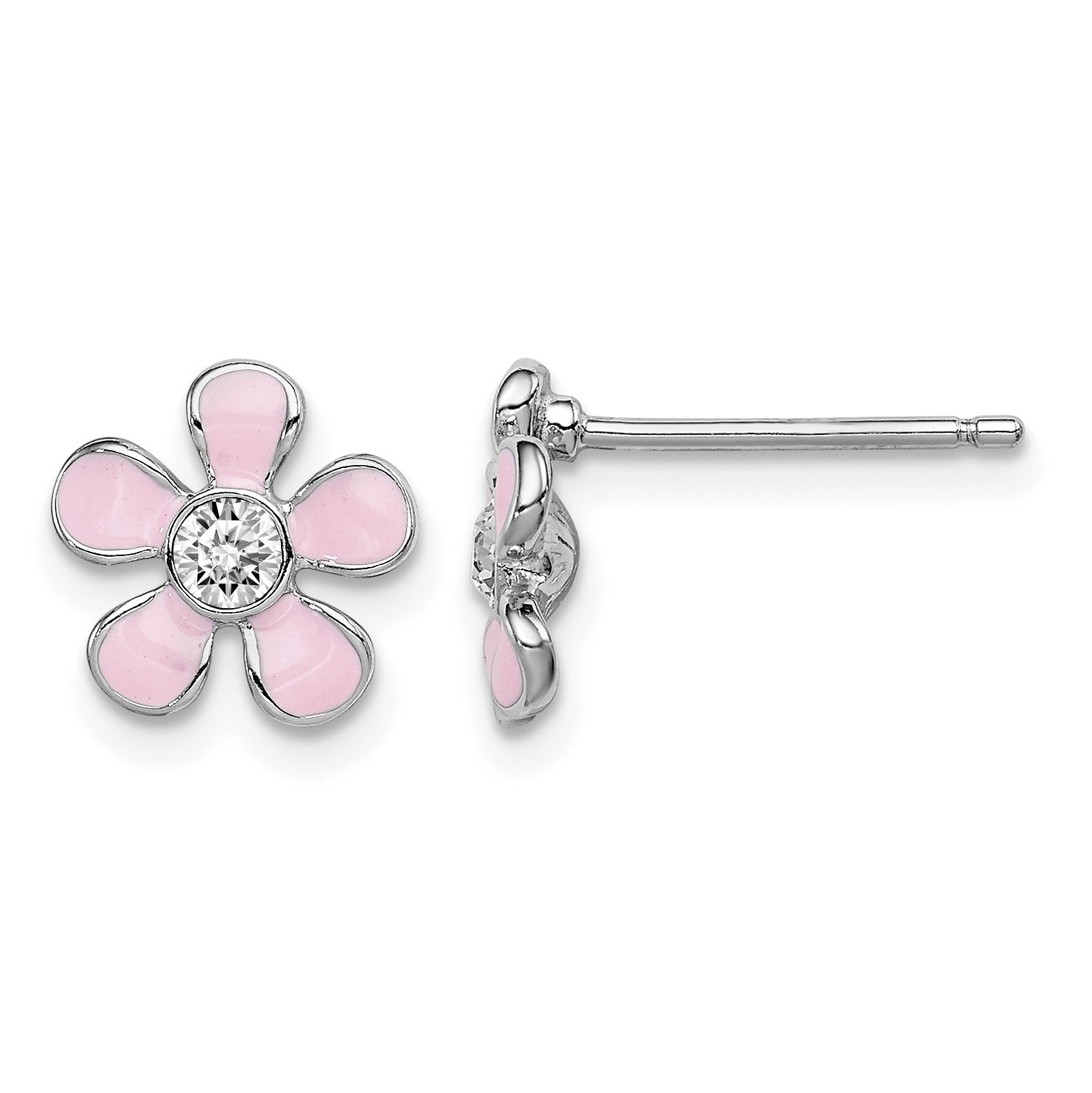 Sterling Silver Madi K Rhodium-plated Polished Pink Enamel & Crystal Flower Children's Post Earrings