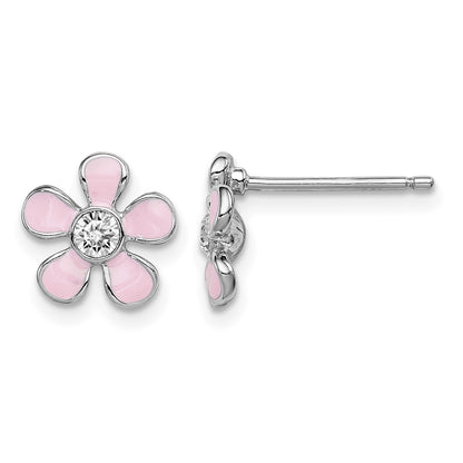 Sterling Silver Madi K Rhodium-plated Polished Pink Enamel & Crystal Flower Children's Post Earrings