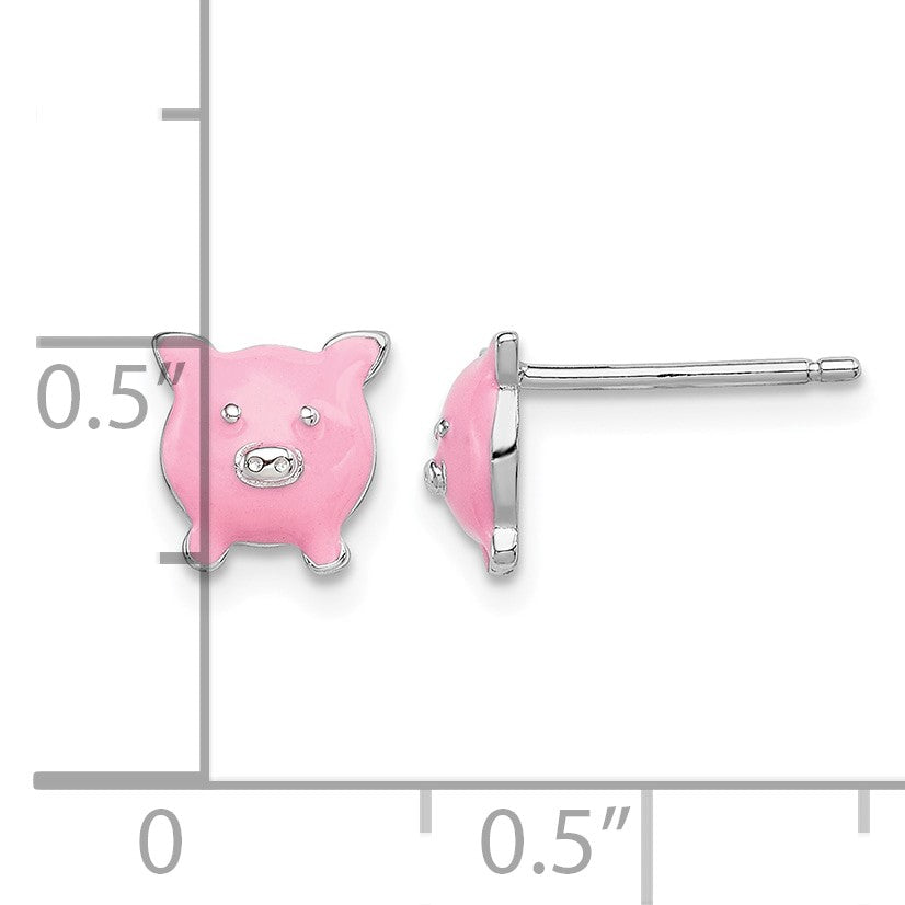 Sterling Silver Madi K Rhodium-plated Polished Pink Enameled Pig Children's Post Earrings