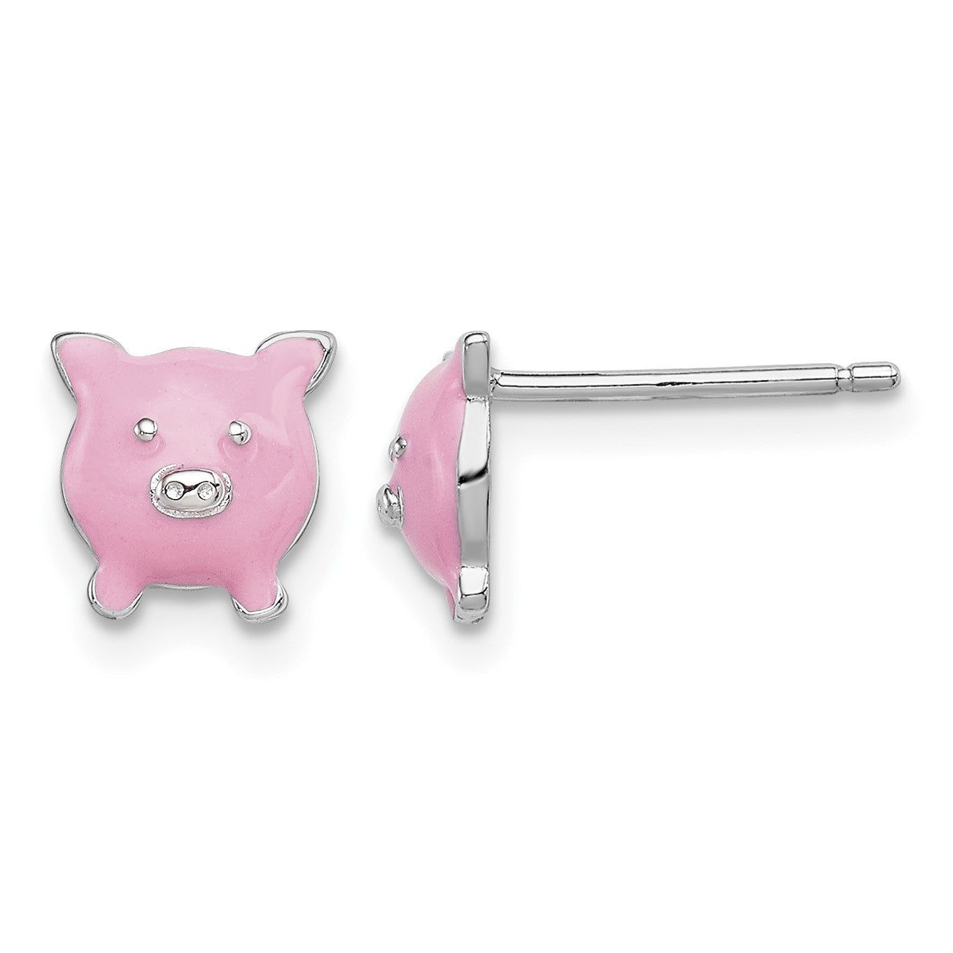 Sterling Silver Madi K Rhodium-plated Polished Pink Enameled Pig Children's Post Earrings