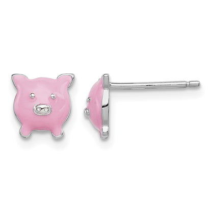 Sterling Silver Madi K Rhodium-plated Polished Pink Enameled Pig Children's Post Earrings