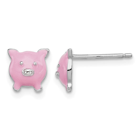 Sterling Silver Madi K Rhodium-plated Polished Pink Enameled Pig Children's Post Earrings