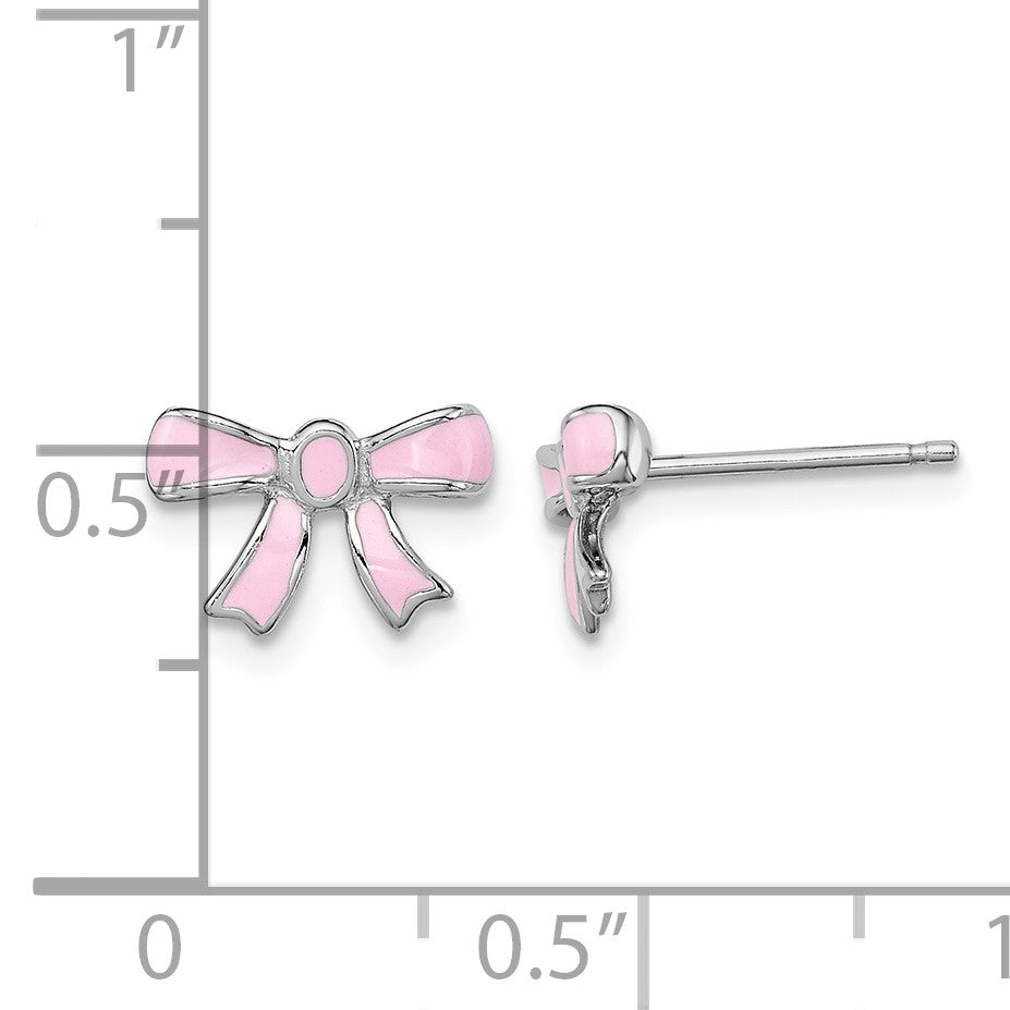 Sterling Silver Madi K Rhodium-plated Pink Enamel Bow Children's Post Earrings
