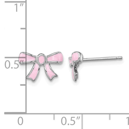 Sterling Silver Madi K Rhodium-plated Pink Enamel Bow Children's Post Earrings