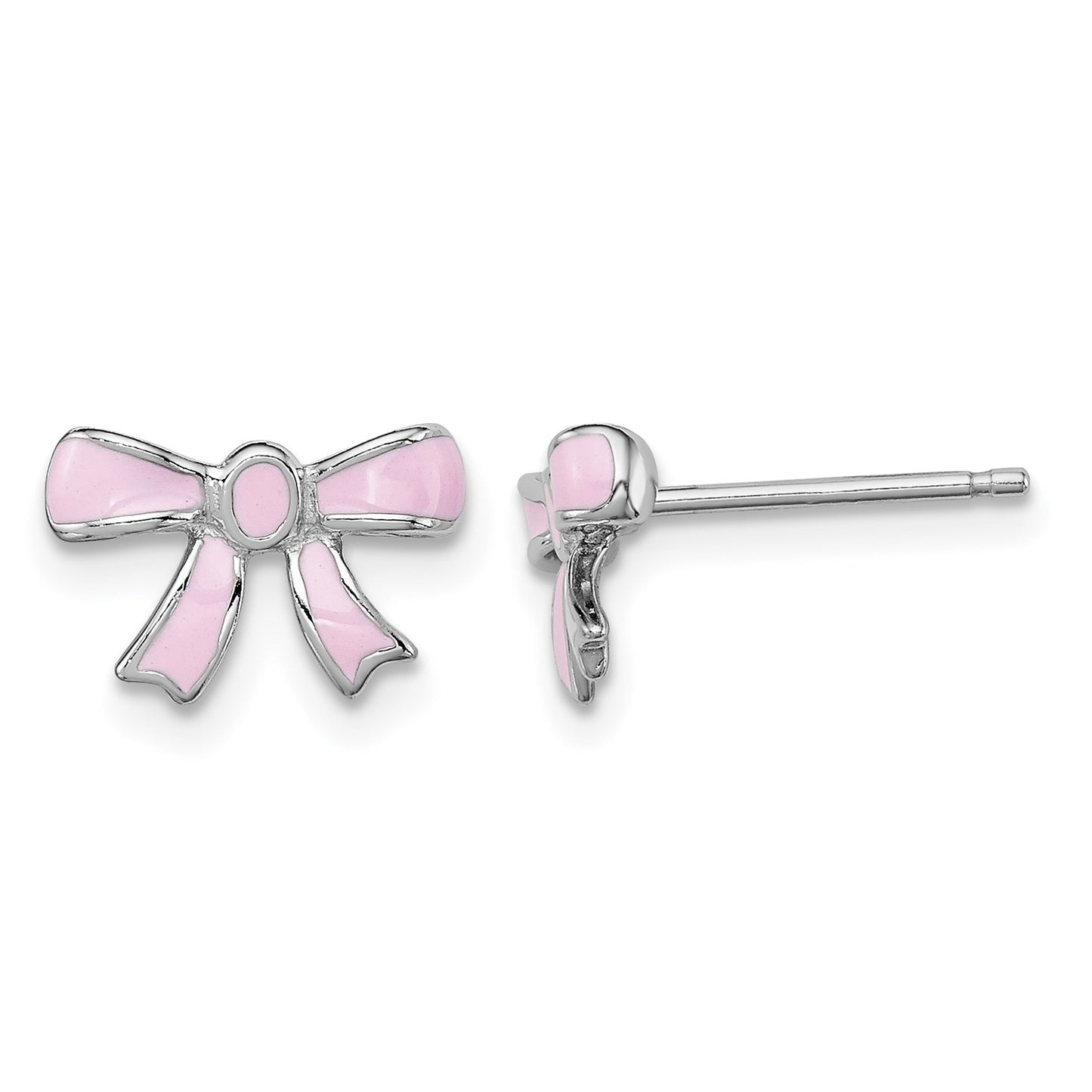 Sterling Silver Madi K Rhodium-plated Pink Enamel Bow Children's Post Earrings