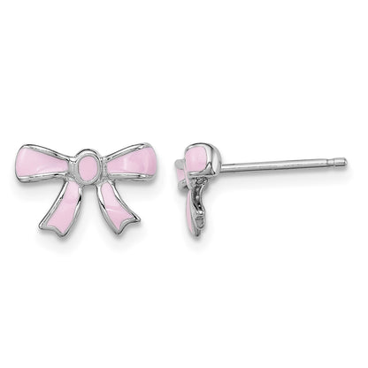 Sterling Silver Madi K Rhodium-plated Pink Enamel Bow Children's Post Earrings