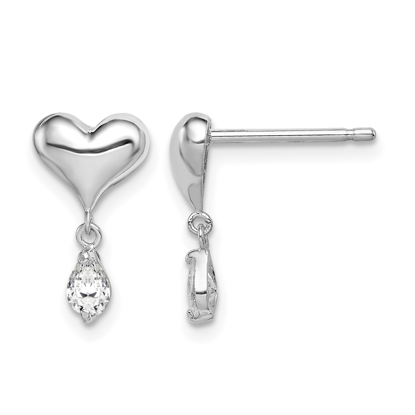 Sterling Silver Madi K Rhodium-plated Polished CZ Heart Children's Post Dangle Earrings