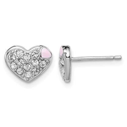 Sterling Silver Madi K Rhodium-plated Pink Enamel & Crystal Heart Children's Post Earrings
