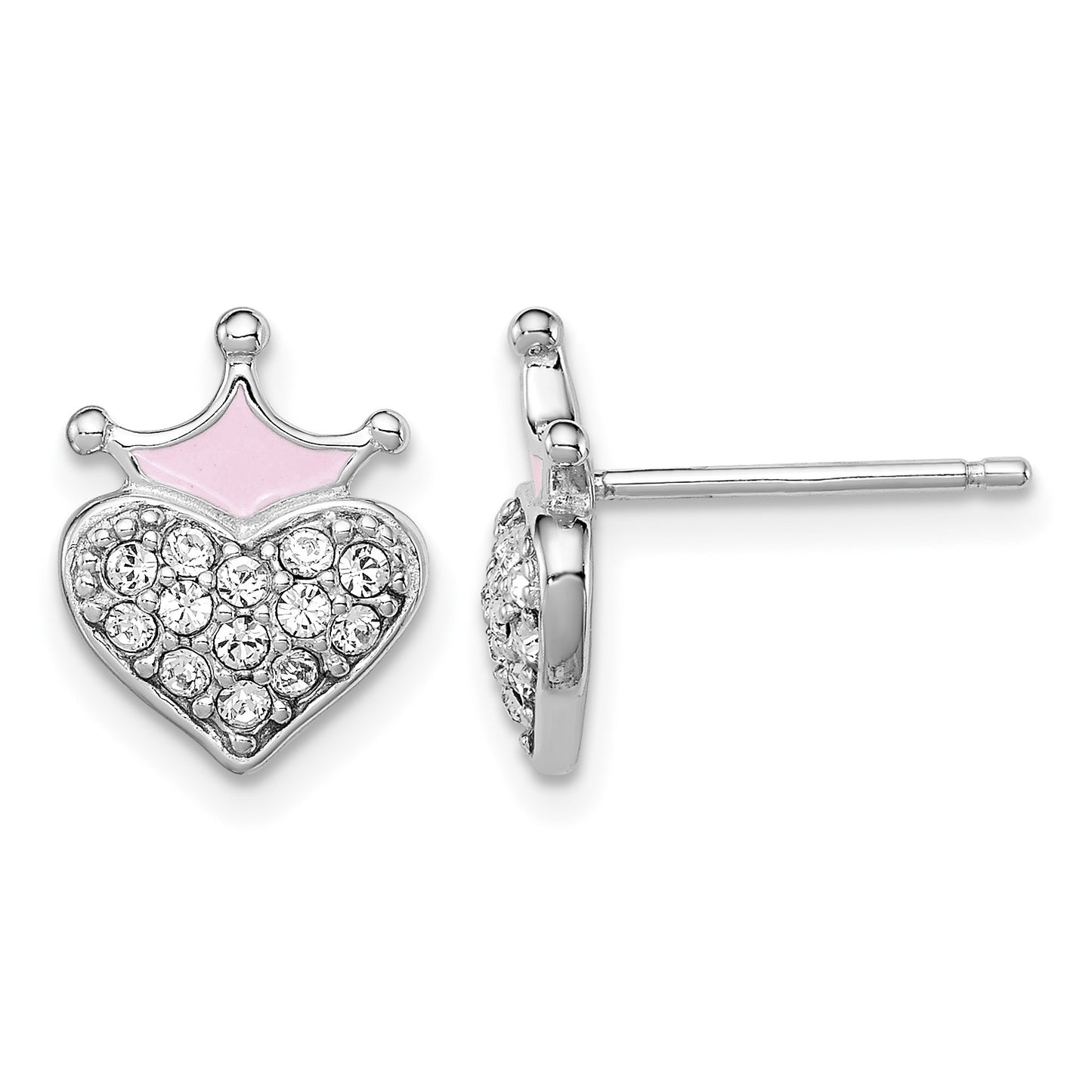 Sterling Silver Madi K Rhodium-plated Polished Pink Enamel & Crystal Crown Heart Children's Post Earrings