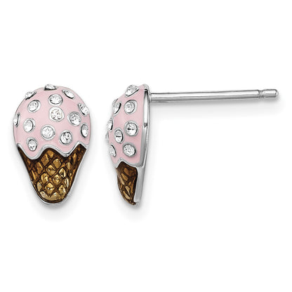 Sterling Silver Madi K Rhodium-plated Polished Pink & Brown Enameled & Crystal Ice Cream Children's Post Earrings