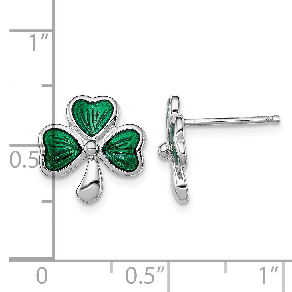 Sterling Silver Madi K Rhodium-plated Polished Green Enameled Shamrock Children's Post Earrings