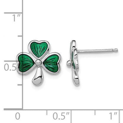 Sterling Silver Madi K Rhodium-plated Polished Green Enameled Shamrock Children's Post Earrings