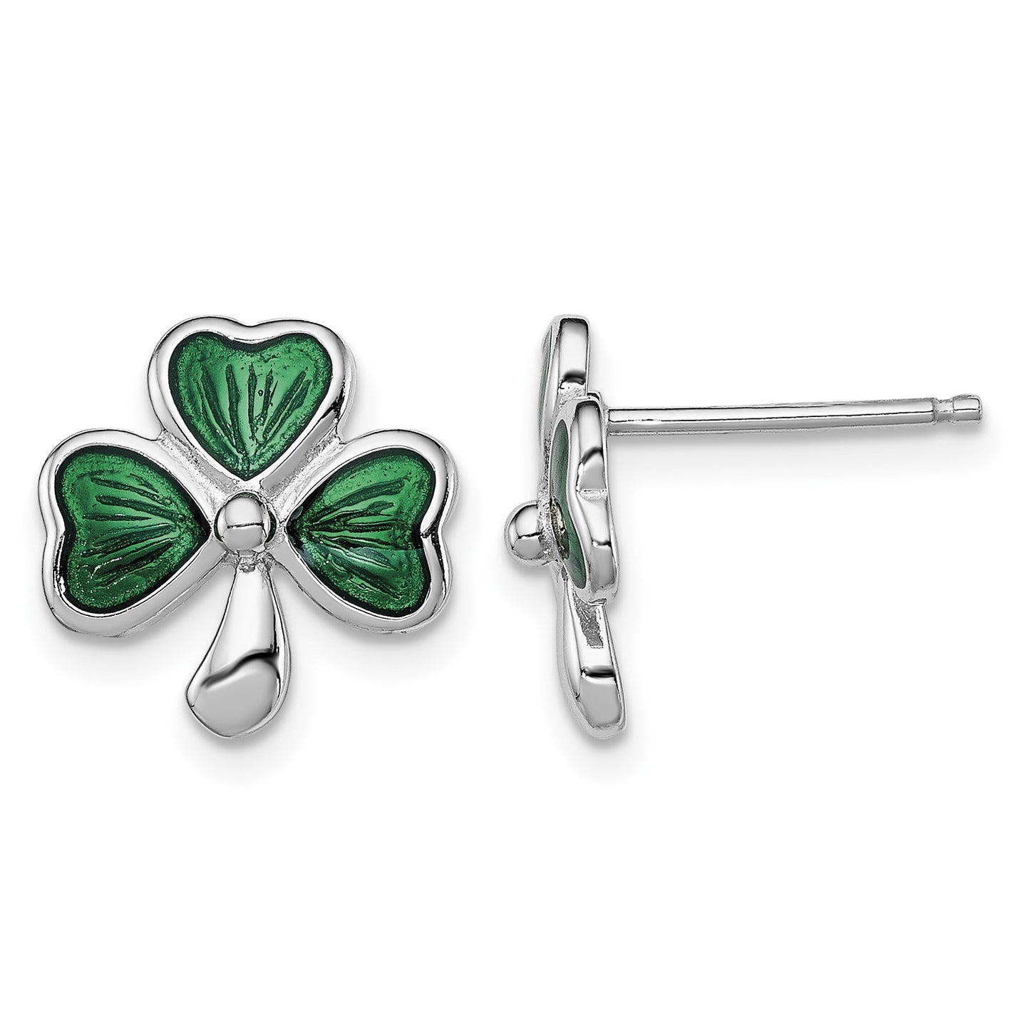 Sterling Silver Madi K Rhodium-plated Polished Green Enameled Shamrock Children's Post Earrings