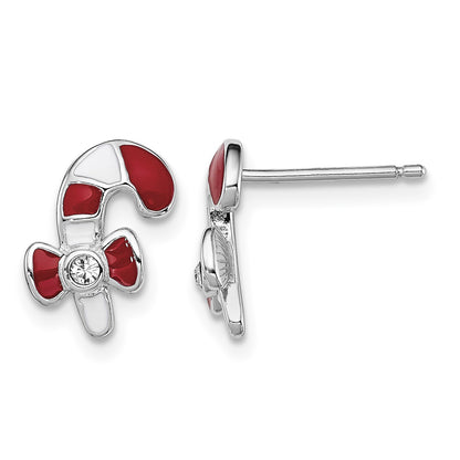 Sterling Silver Madi K Rhodium-plated Polished Red & White Enameled & Crystal Candy Cane Children's Post Earrings