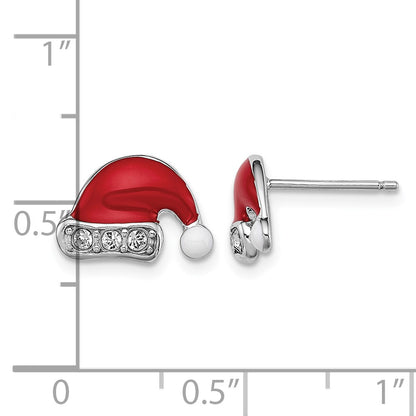 Sterling Silver Madi K Rhodium-plated Polished Red & White Enameled & Crystal Santa Hat Children's Post Earrings