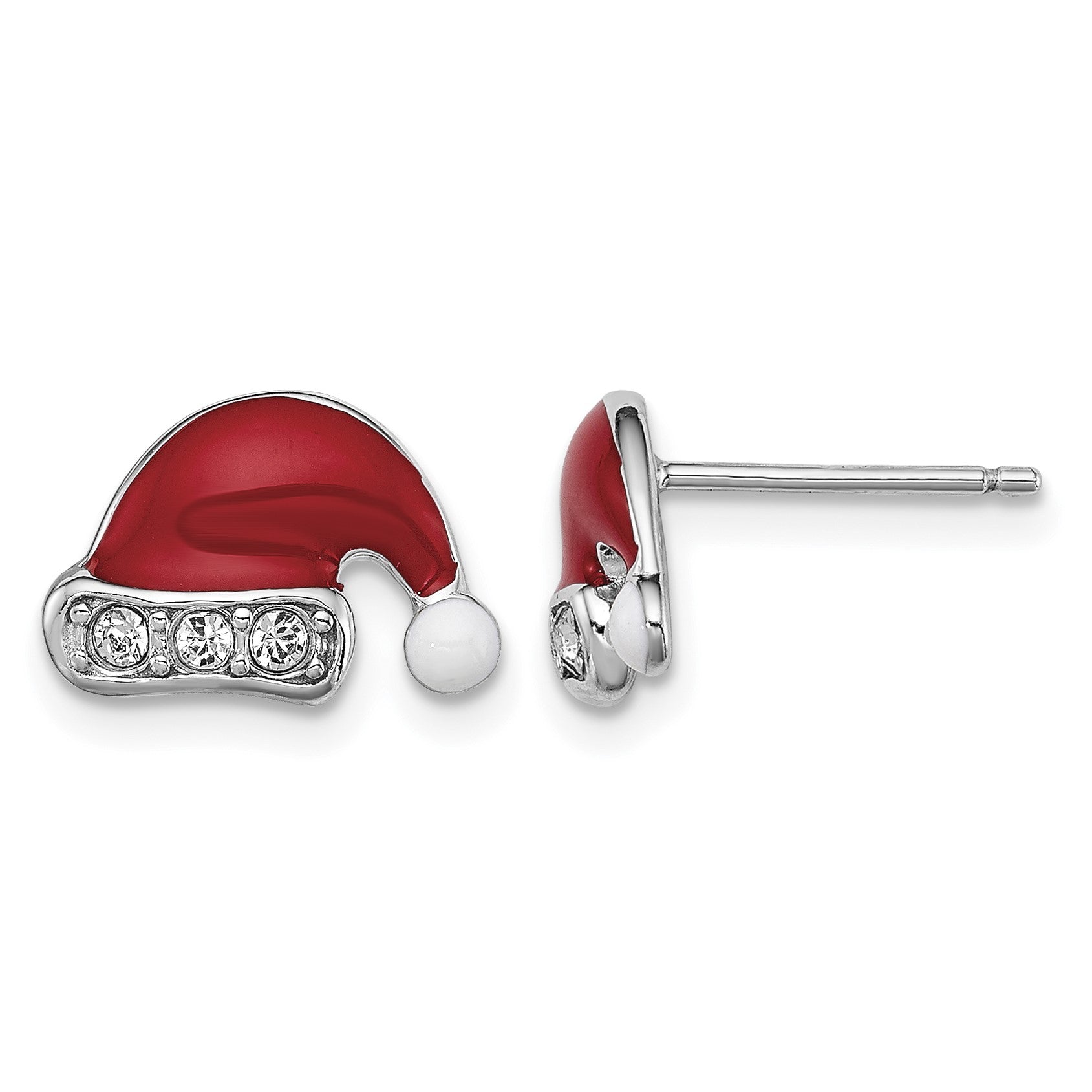Sterling Silver Madi K Rhodium-plated Polished Red & White Enameled & Crystal Santa Hat Children's Post Earrings