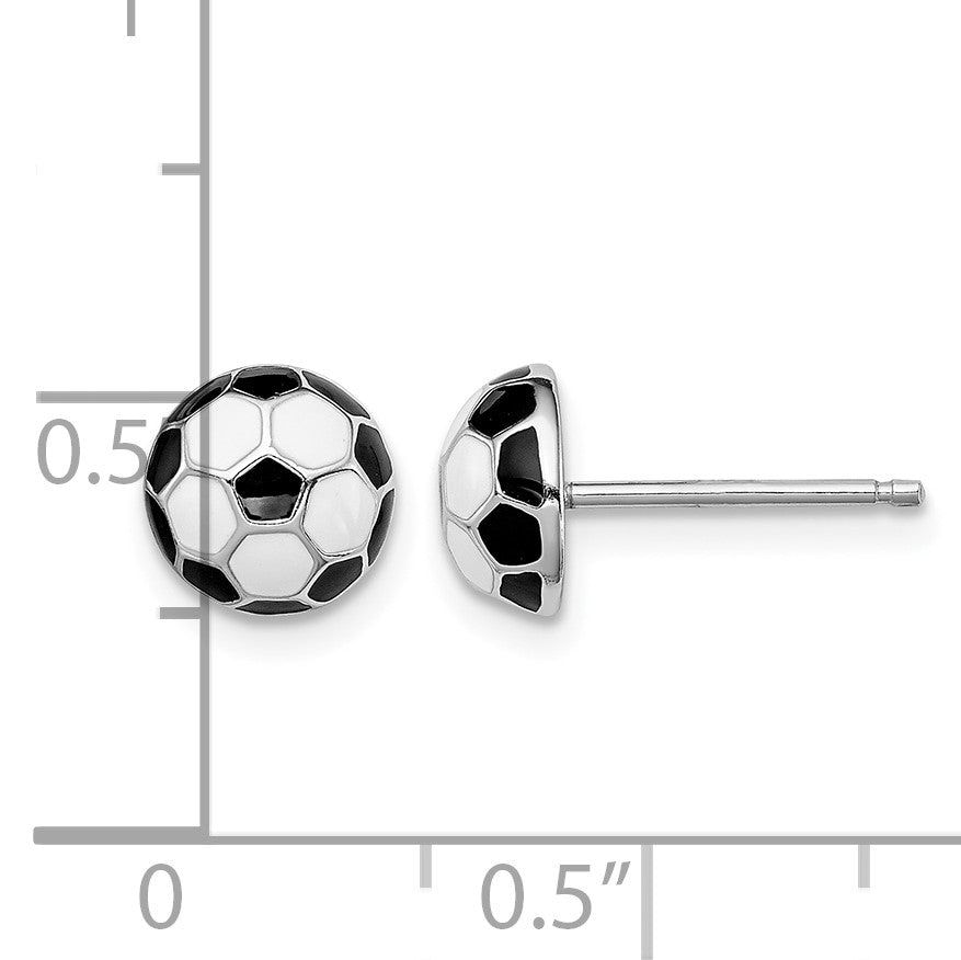 Sterling Silver Madi K Rhodium-plated Polished Black & White Enameled Soccer Ball Children's Post Earrings