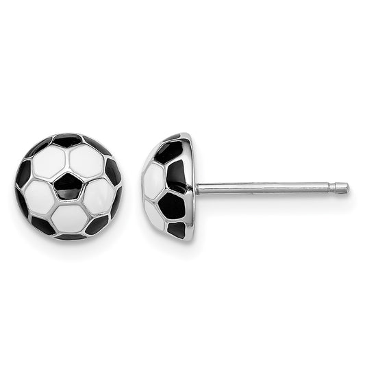 Sterling Silver Madi K Rhodium-plated Polished Black & White Enameled Soccer Ball Children's Post Earrings