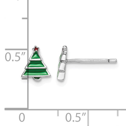 Sterling Silver Madi K Rhodium-plated Polished Green & Red Enameled Christmas Tree Children's Post Earrings