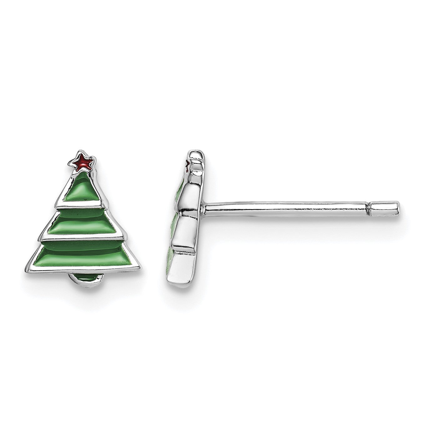 Sterling Silver Madi K Rhodium-plated Polished Green & Red Enameled Christmas Tree Children's Post Earrings