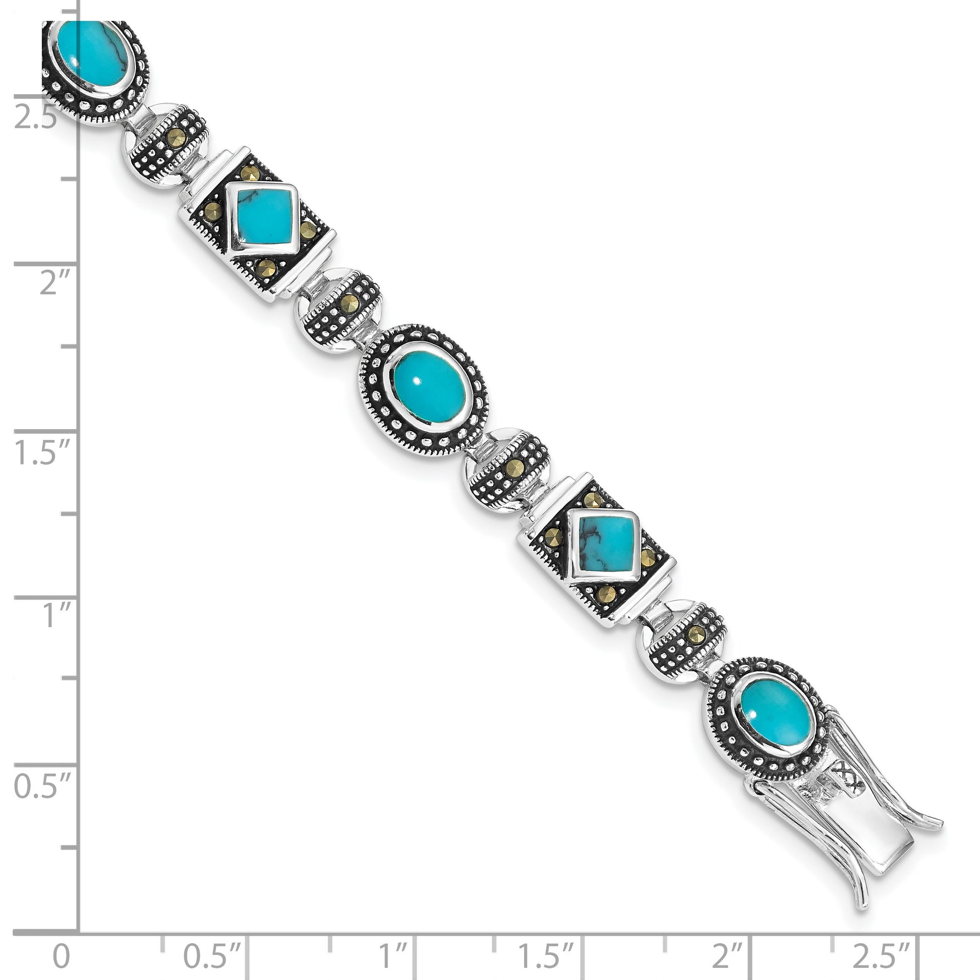 Sterling Silver Rhodium-plated Synth Turquoise and Marcasite Bracelet