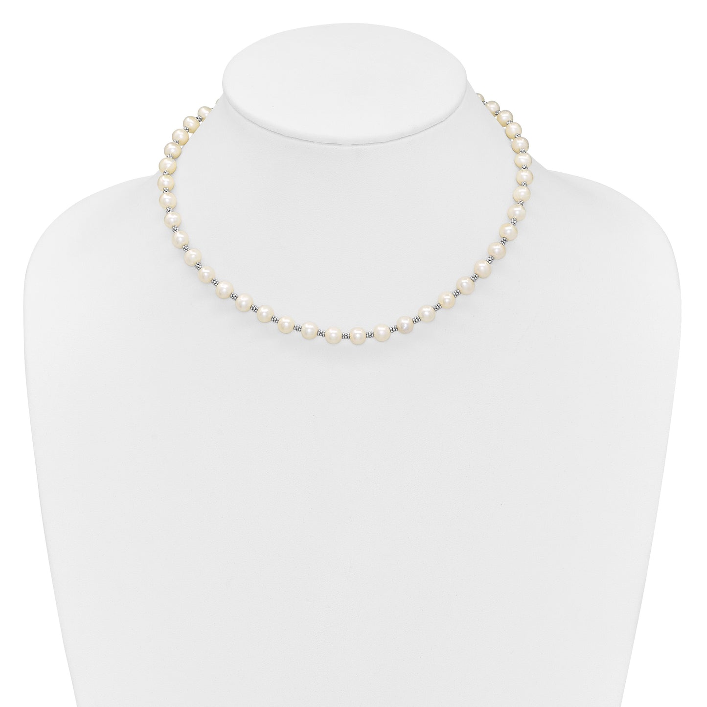 Sterling Silver Rhodium-plated 6-7mm White Round Freshwater Cultured Pearl 16 inch with 2 inch Extension Necklace
