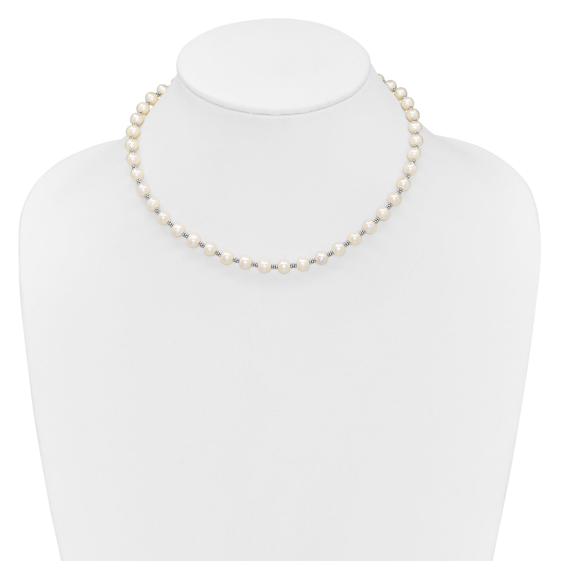 Sterling Silver Rhodium-plated 6-7mm White Round Freshwater Cultured Pearl 16 inch with 2 inch Extension Necklace